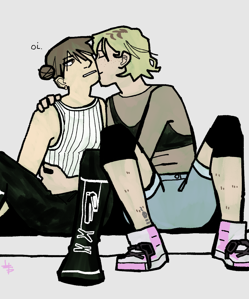 two original characters who are sitting side by side on a curb. the one on the right is a woman
	  with short blonde hair and she is kissing the cheek of the one on the left, who has brown hair in space buns and looks annoyed.